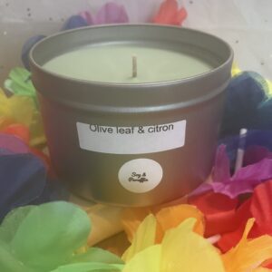 12 oz silver tin; Olive leaf & citron
