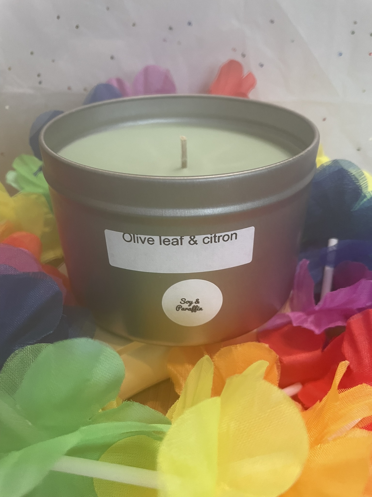 12 oz silver tin; Olive leaf & citron