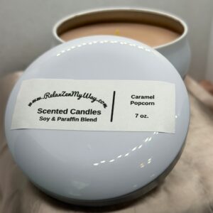 7 oz white bubble tin Caramel Popcorn