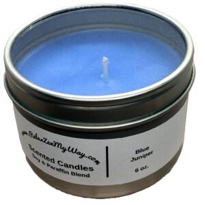 6 oz silver tin; Blue Juniper