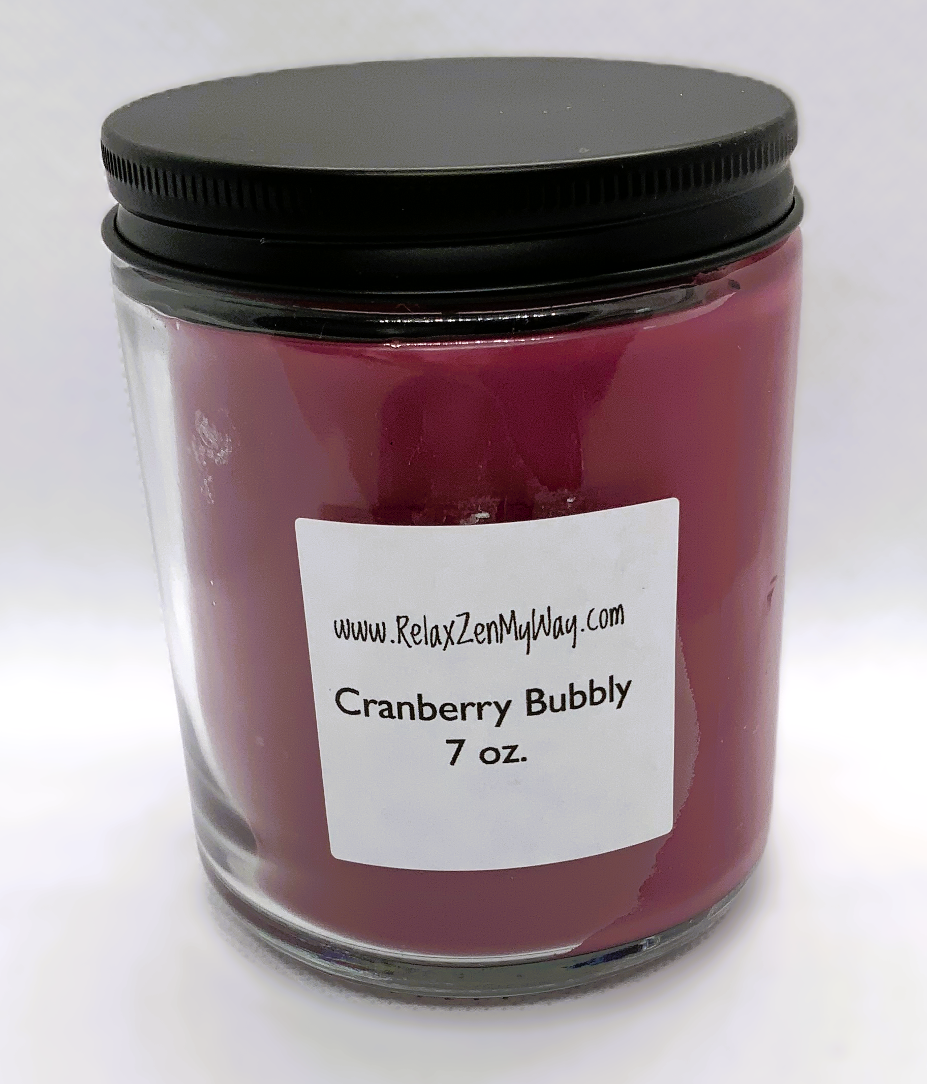 7 oz jar with black metal lid; Cranberry Bubbly