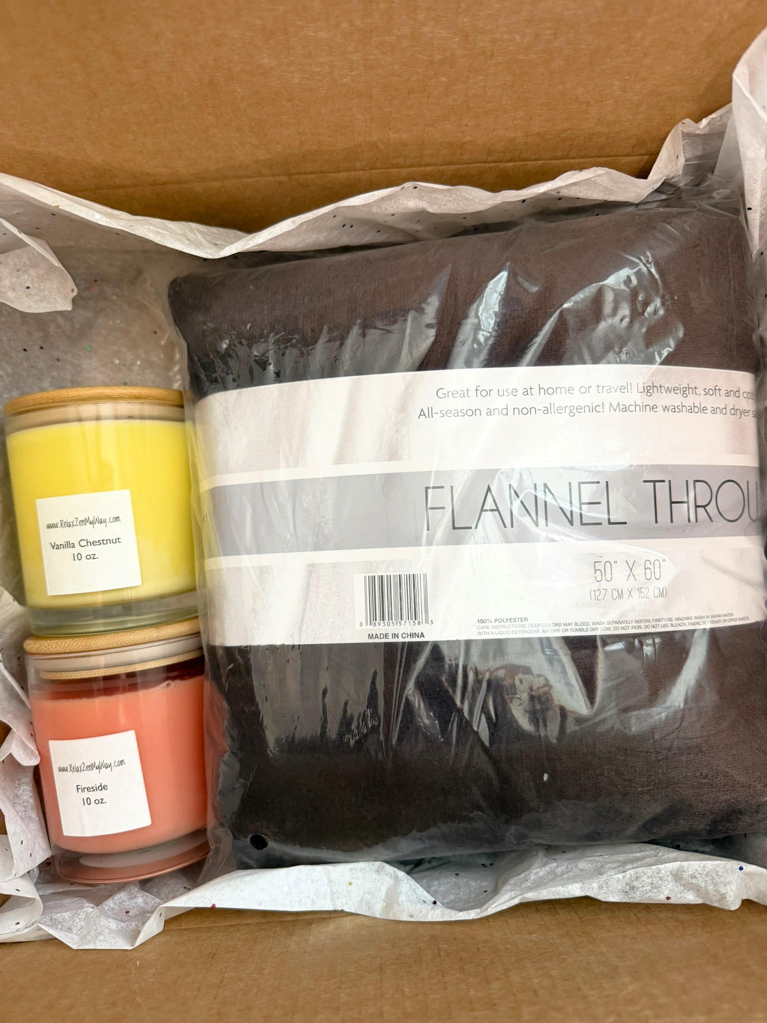 Vanilla Chestnut & Fireside Candles & Brown Blanket Bundle - Image 2