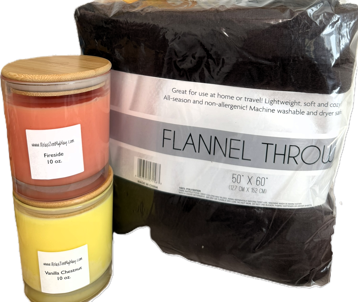 Vanilla Chestnut & Fireside Candles & Brown Blanket Bundle