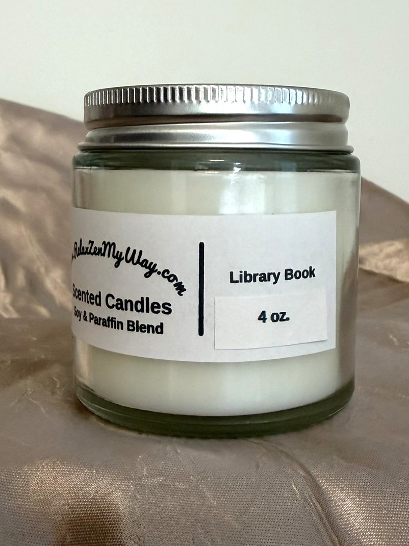 4 oz jar with silver lid; Library Book